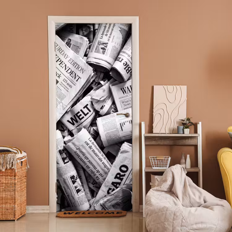 Deursticker - Krant - Stapel - Nieuws - Zwart-wit — 2