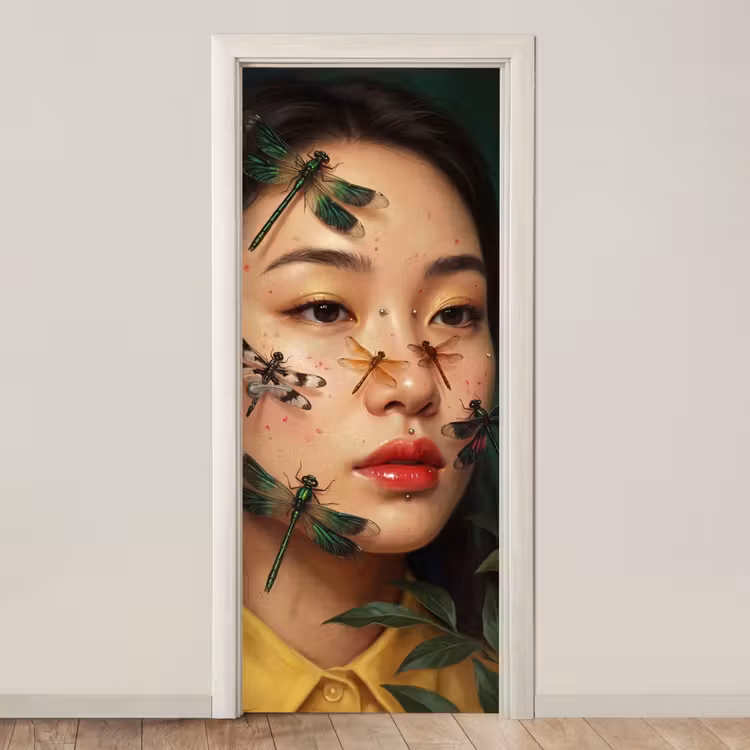 Deursticker - Vrouw - Insecten - Natuur - Portret - Groen — 1