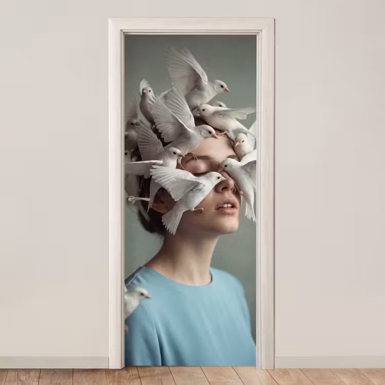 Deursticker - Vrouw - Vogels - Abstract - Modern - Wit — 1