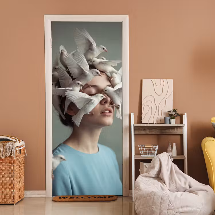 Deursticker - Vrouw - Vogels - Abstract - Modern - Wit — 2