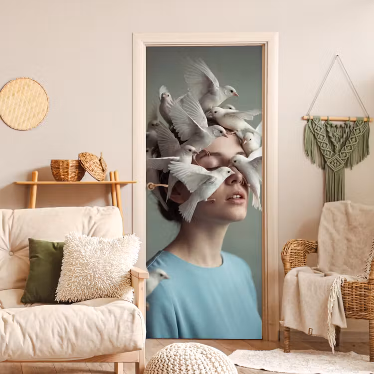 Deursticker - Vrouw - Vogels - Abstract - Modern - Wit — 4