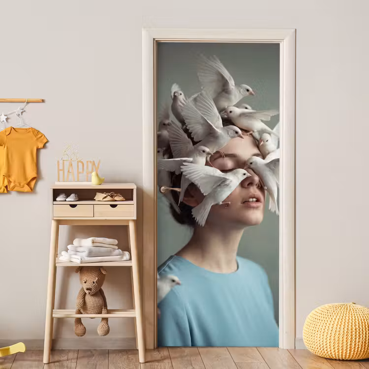 Deursticker - Vrouw - Vogels - Abstract - Modern - Wit — 6