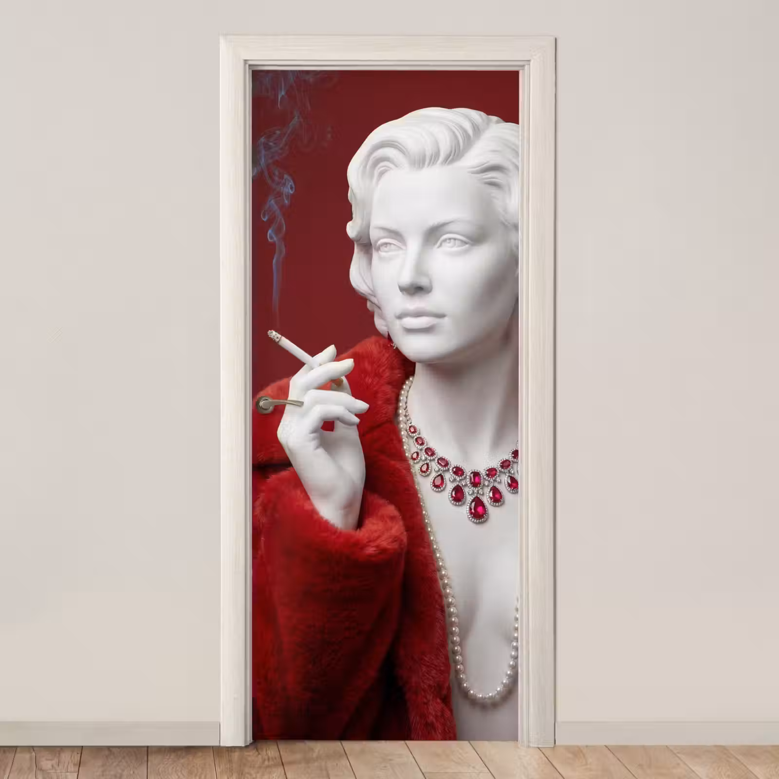 Deursticker - Vrouw - Bontjas - Mode - Klassiek - Rood — 1
