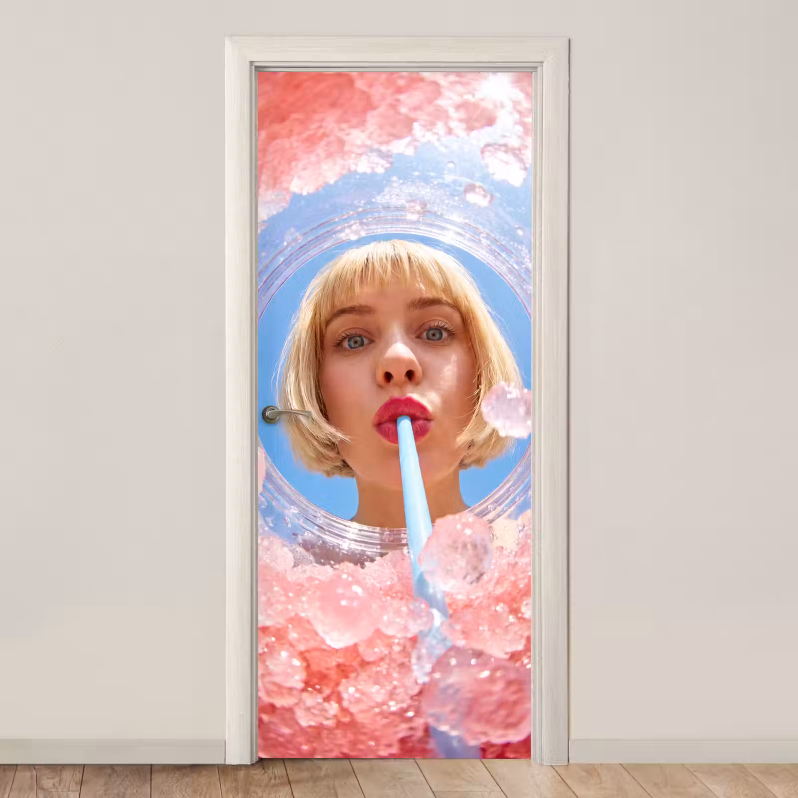 Deursticker - Vrouw - Drank - Zomer - Roze - Blauw — 1