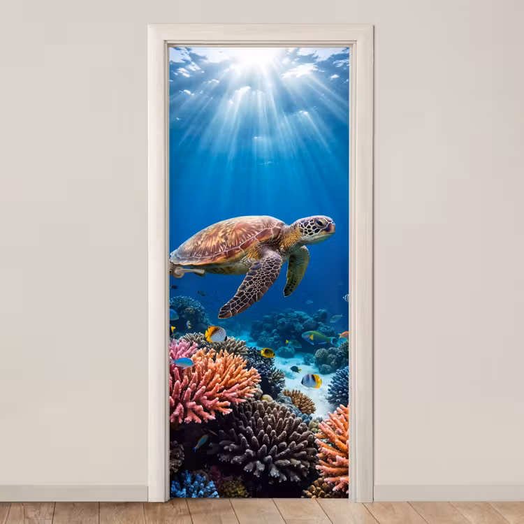 Deursticker - Schildpad - Koraalrif - Oceaan - Dieren - Blauw — 1