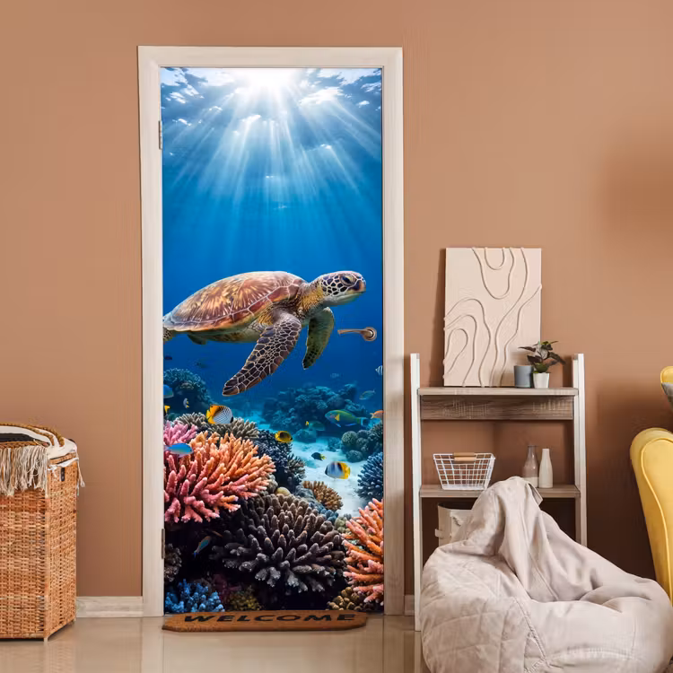 Deursticker - Schildpad - Koraalrif - Oceaan - Dieren - Blauw — 2