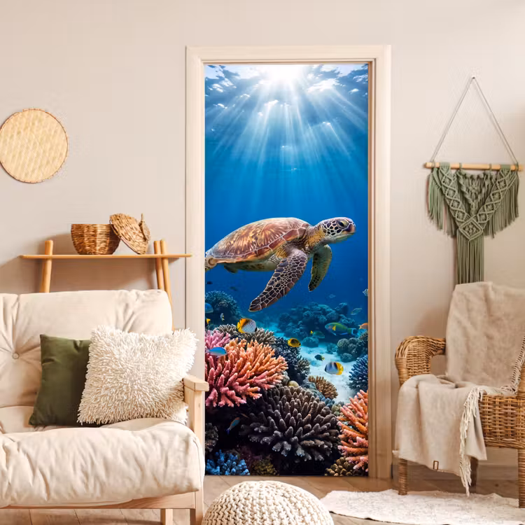 Deursticker - Schildpad - Koraalrif - Oceaan - Dieren - Blauw — 4
