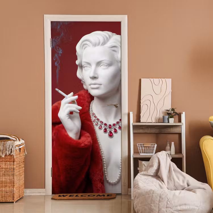 Deursticker - Vrouw - Bontjas - Mode - Klassiek - Rood — 2