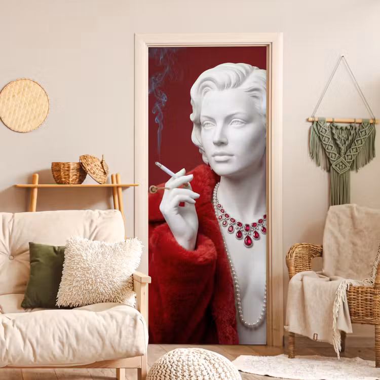 Deursticker - Vrouw - Bontjas - Mode - Klassiek - Rood — 4
