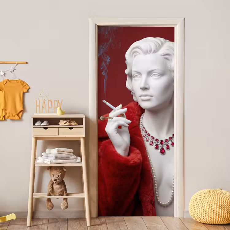 Deursticker - Vrouw - Bontjas - Mode - Klassiek - Rood — 6