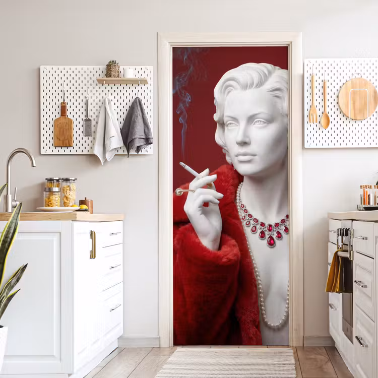 Deursticker - Vrouw - Bontjas - Mode - Klassiek - Rood — 7