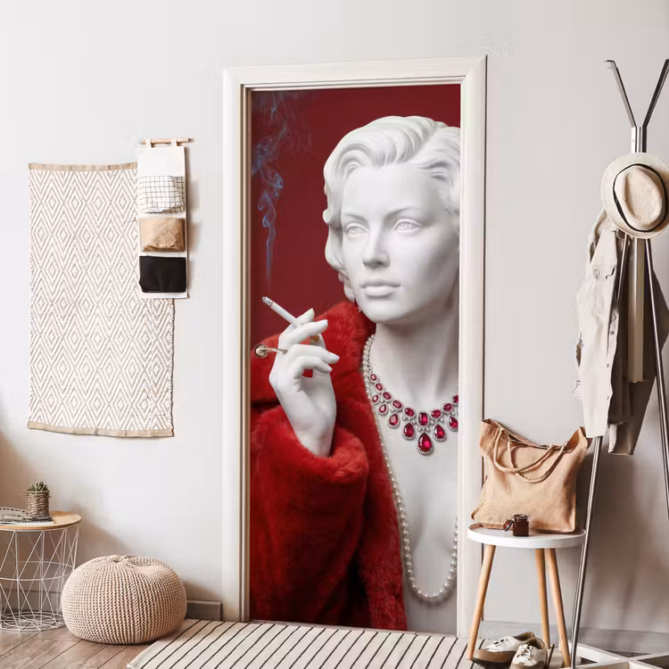 Deursticker - Vrouw - Bontjas - Mode - Klassiek - Rood — 8