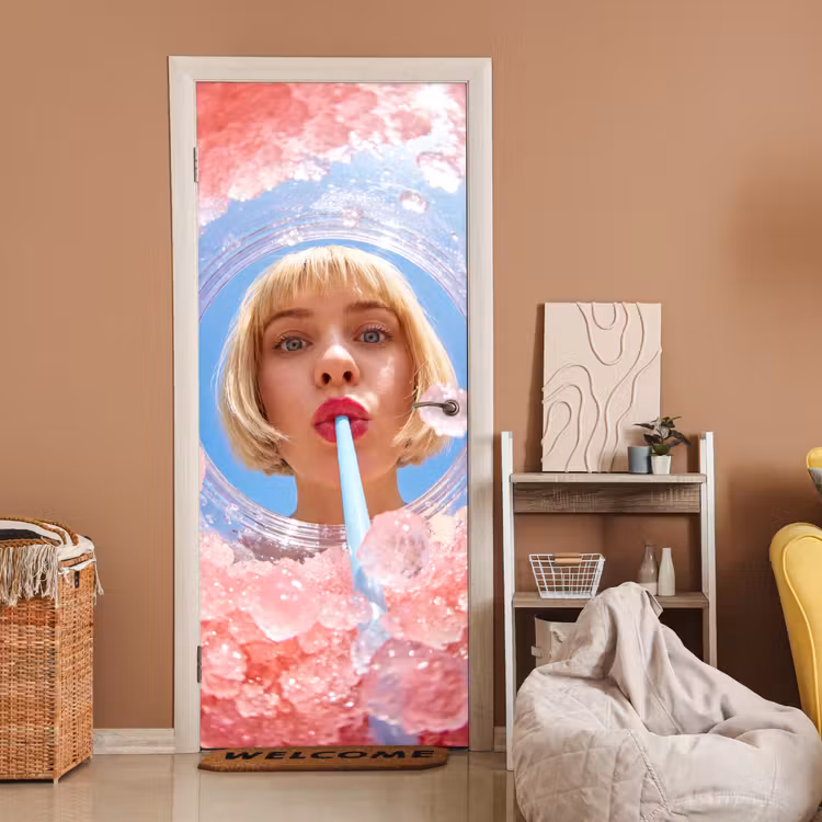 Deursticker - Vrouw - Drank - Zomer - Roze - Blauw — 2