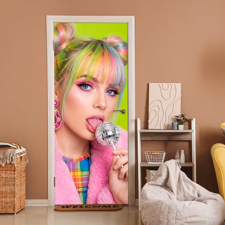 Deursticker - Vrouw - Kleurrijk haar - Pop art - Modern - Levendig — 2