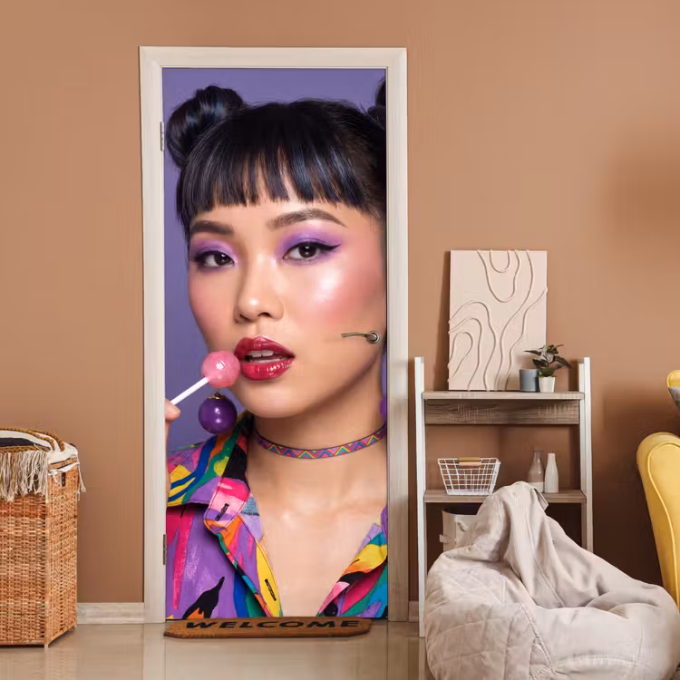 Deursticker - Vrouw - Portret - Make-up - Paars - Levendig — 2