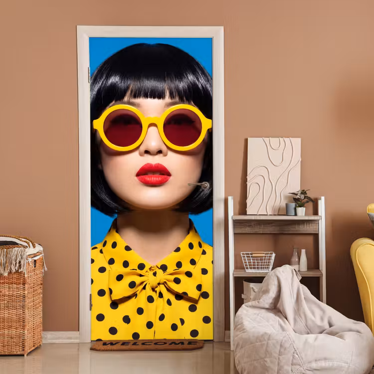 Deursticker - Vrouw - Zonnebril - Pop Art - Portret - Geel — 2