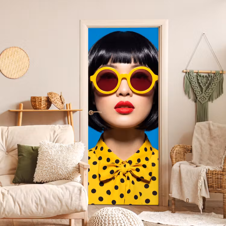 Deursticker - Vrouw - Zonnebril - Pop Art - Portret - Geel — 4