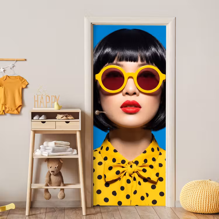 Deursticker - Vrouw - Zonnebril - Pop Art - Portret - Geel — 6