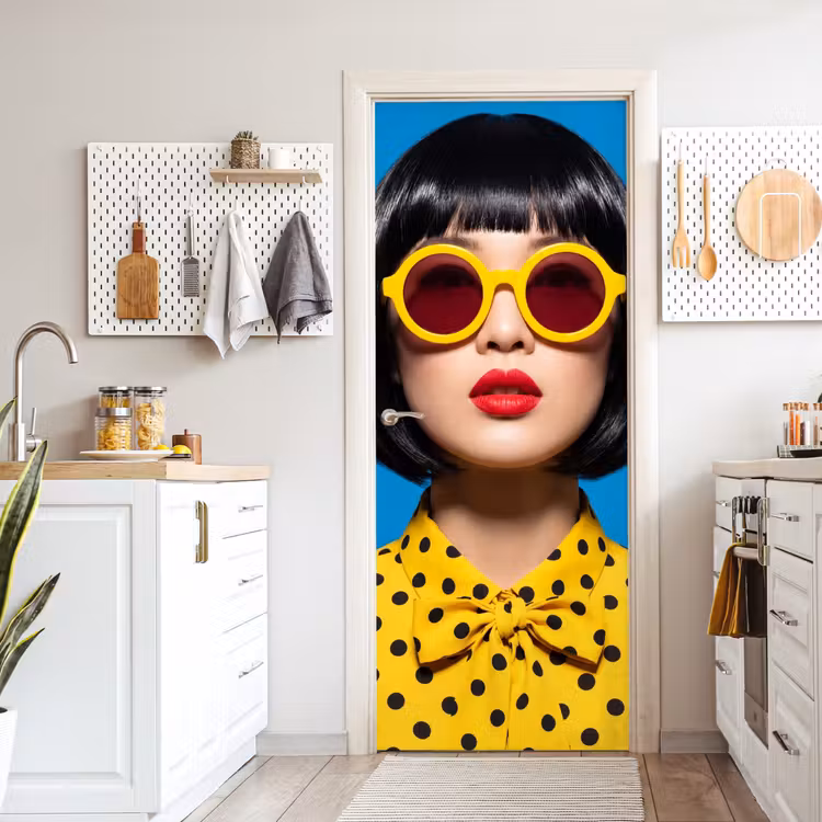 Deursticker - Vrouw - Zonnebril - Pop Art - Portret - Geel — 7