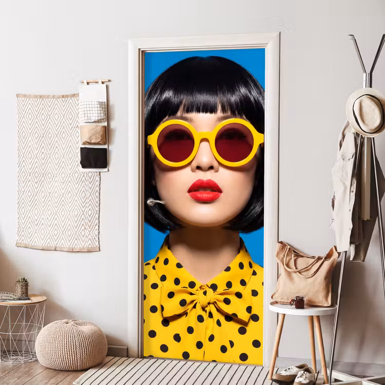 Deursticker - Vrouw - Zonnebril - Pop Art - Portret - Geel — 8