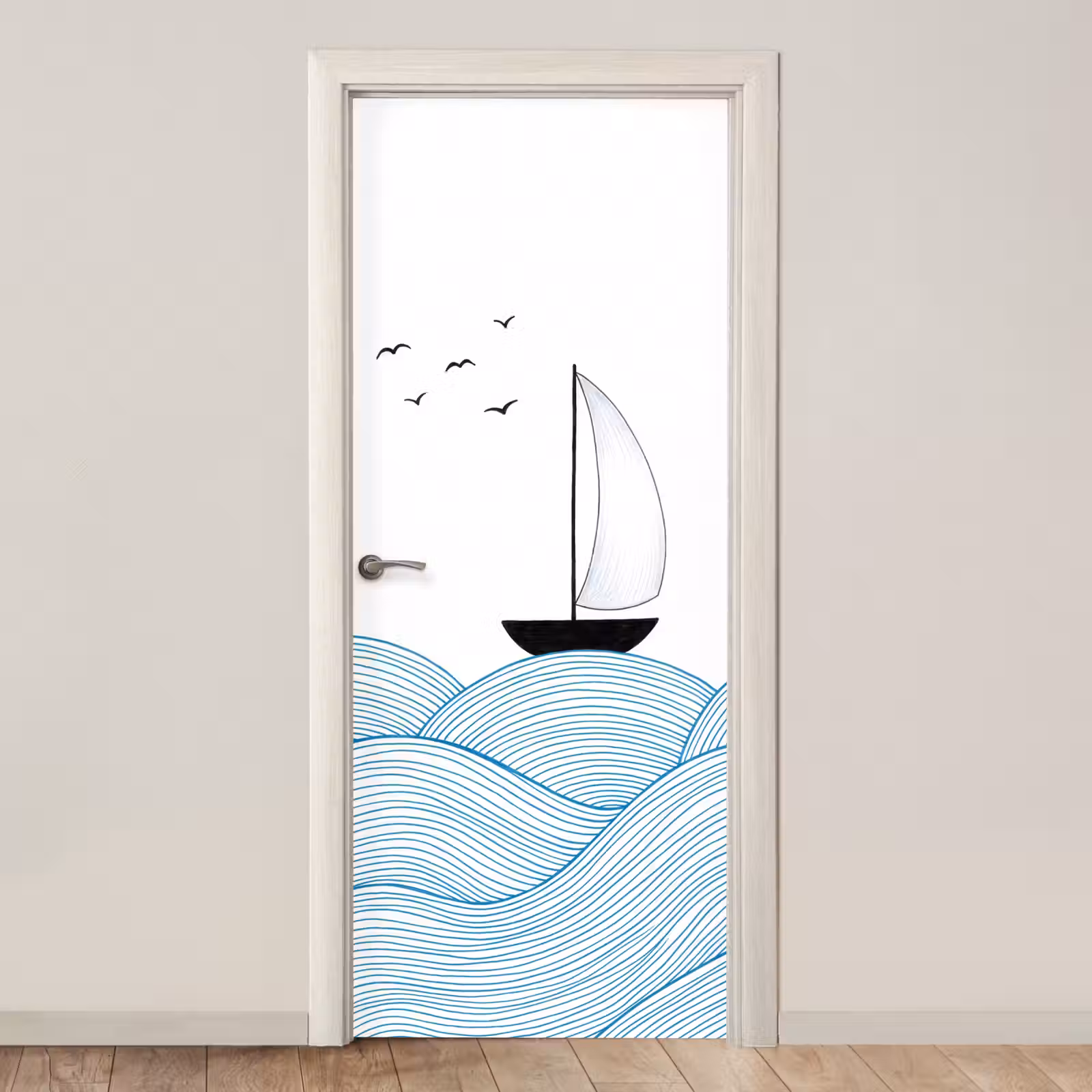 Deursticker - Zeilboot - Golven - Zee - Illustratie - Blauw — 1