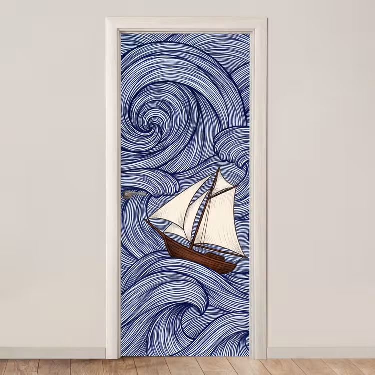 Deursticker - Schip - Golven - Zee - Illustratie - Blauw — 1