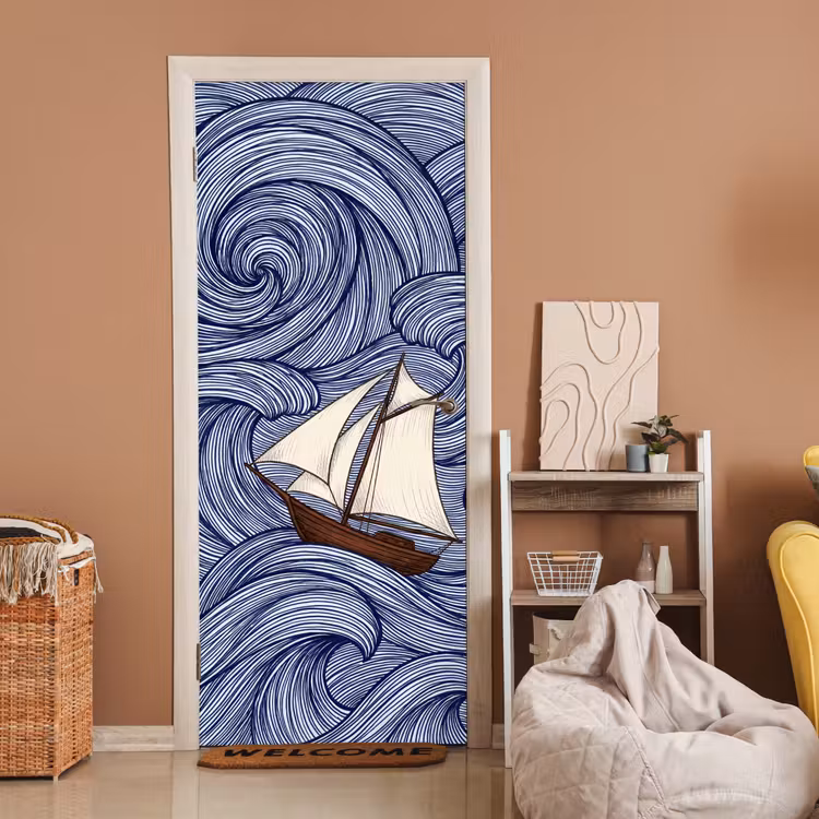 Deursticker - Schip - Golven - Zee - Illustratie - Blauw — 2