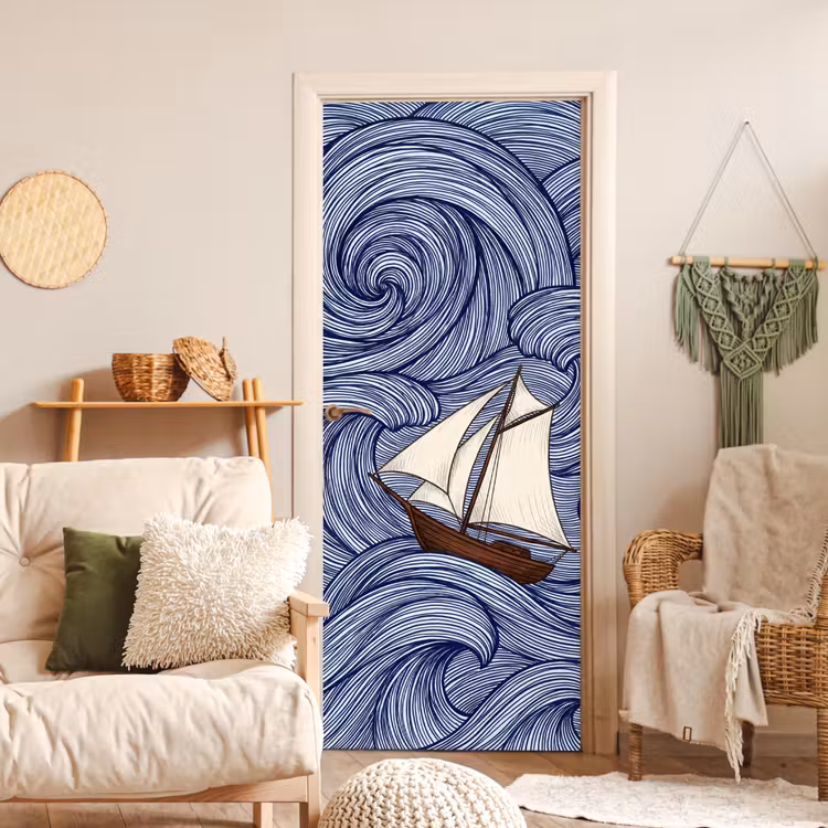 Deursticker - Schip - Golven - Zee - Illustratie - Blauw — 4