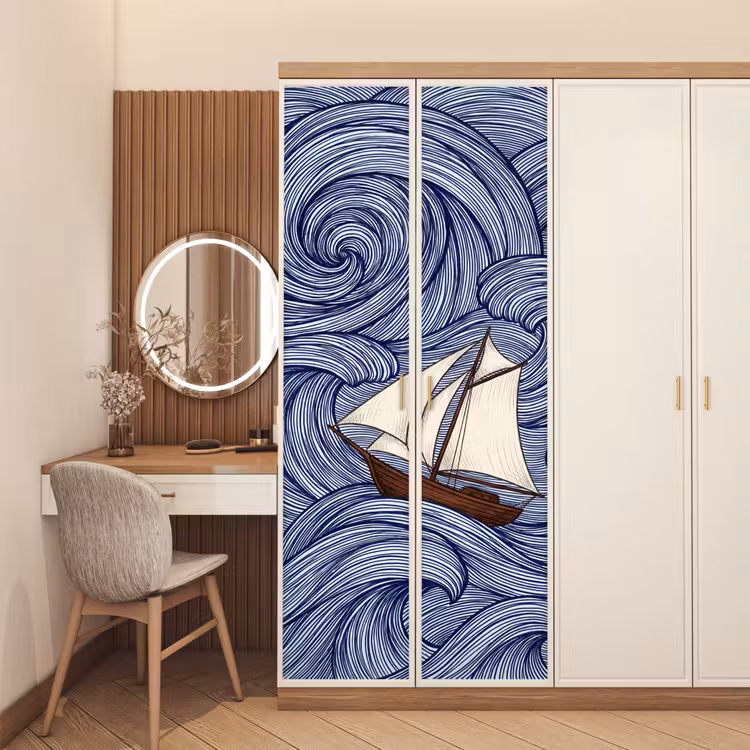 Deursticker - Schip - Golven - Zee - Illustratie - Blauw — 5