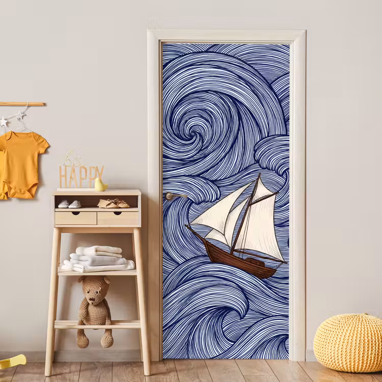 Deursticker - Schip - Golven - Zee - Illustratie - Blauw — 6