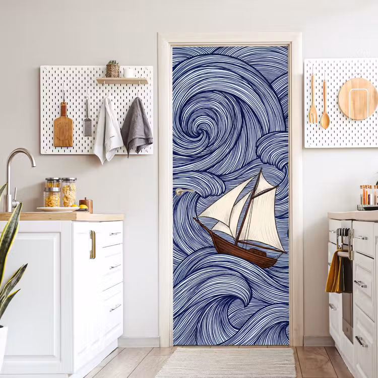 Deursticker - Schip - Golven - Zee - Illustratie - Blauw — 7