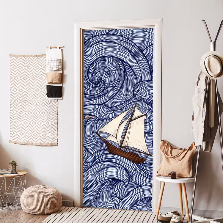 Deursticker - Schip - Golven - Zee - Illustratie - Blauw — 8