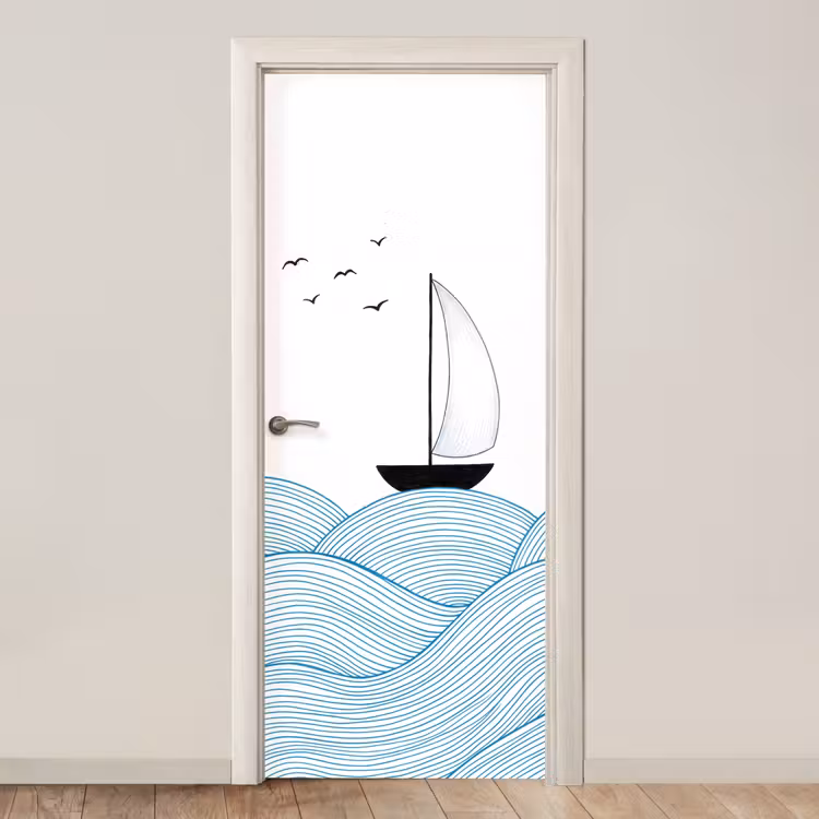 Deursticker - Zeilboot - Golven - Zee - Illustratie - Blauw — 1
