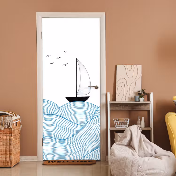 Deursticker - Zeilboot - Golven - Zee - Illustratie - Blauw — 2
