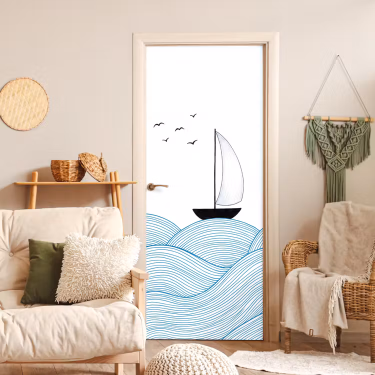 Deursticker - Zeilboot - Golven - Zee - Illustratie - Blauw — 4