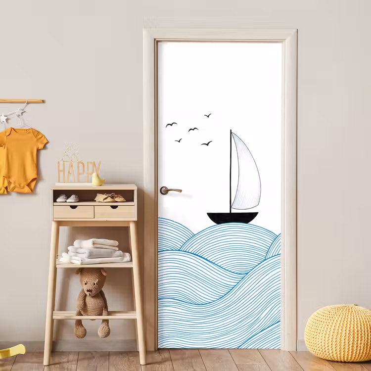 Deursticker - Zeilboot - Golven - Zee - Illustratie - Blauw — 6