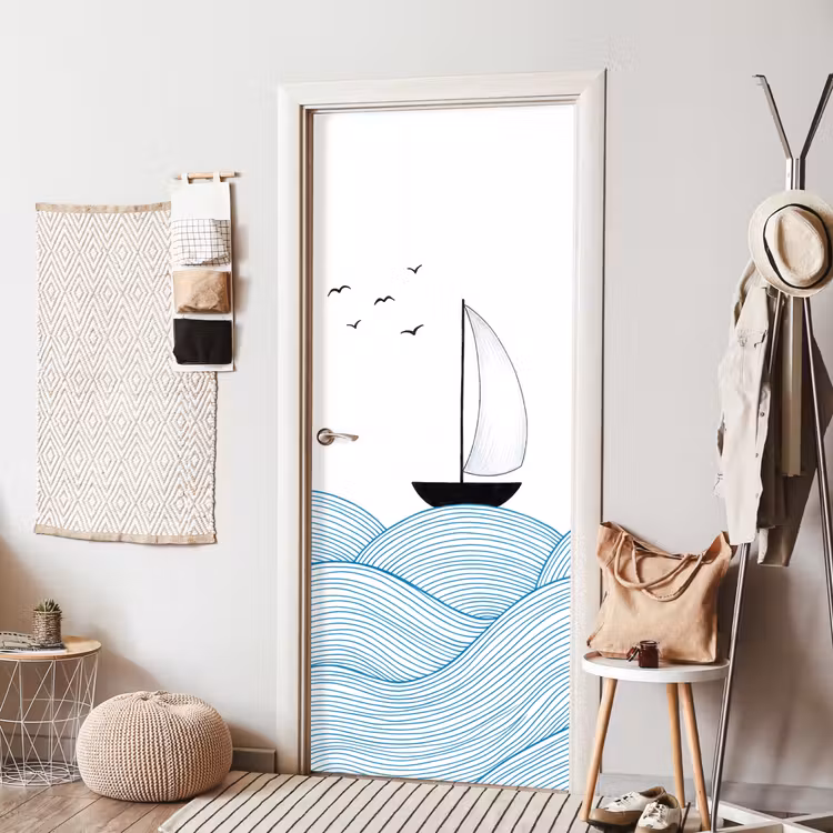 Deursticker - Zeilboot - Golven - Zee - Illustratie - Blauw — 8