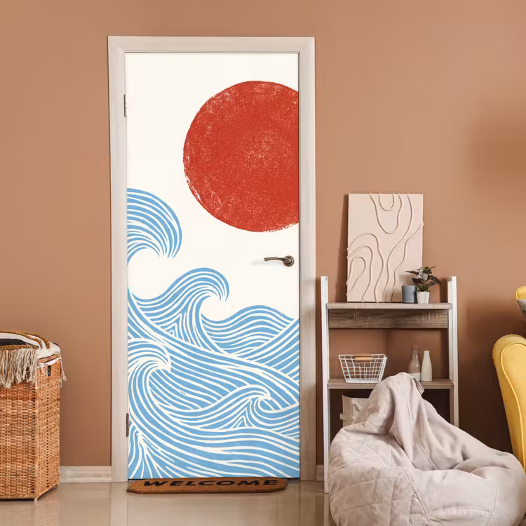 Deursticker - Zon - Golven - Oceaan - Abstract - Rood — 2