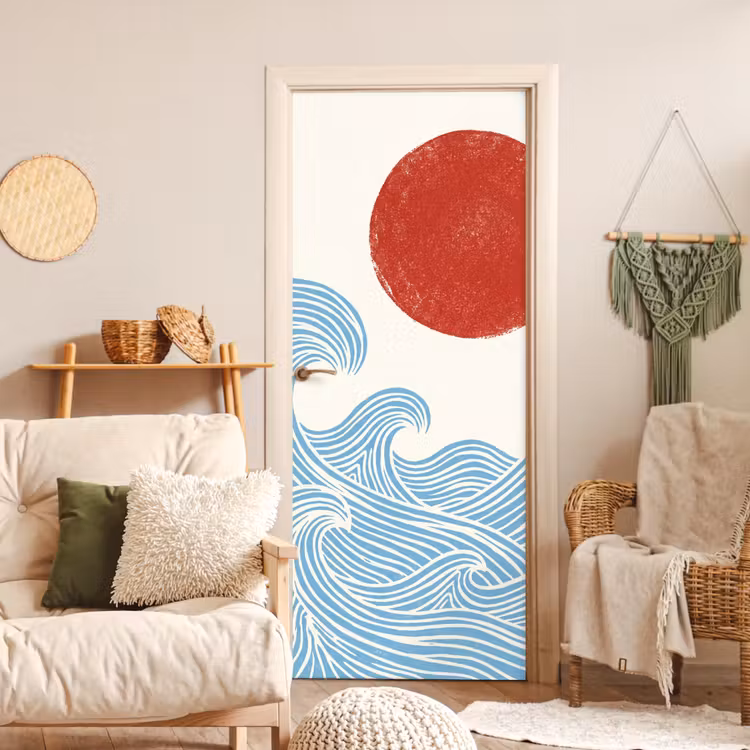 Deursticker - Zon - Golven - Oceaan - Abstract - Rood — 4