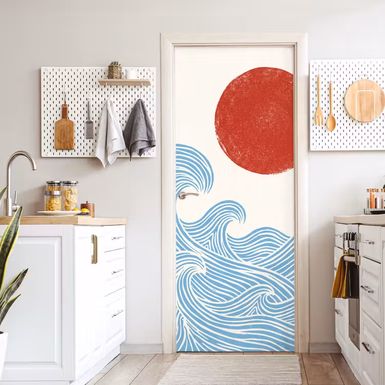 Deursticker - Zon - Golven - Oceaan - Abstract - Rood — 7