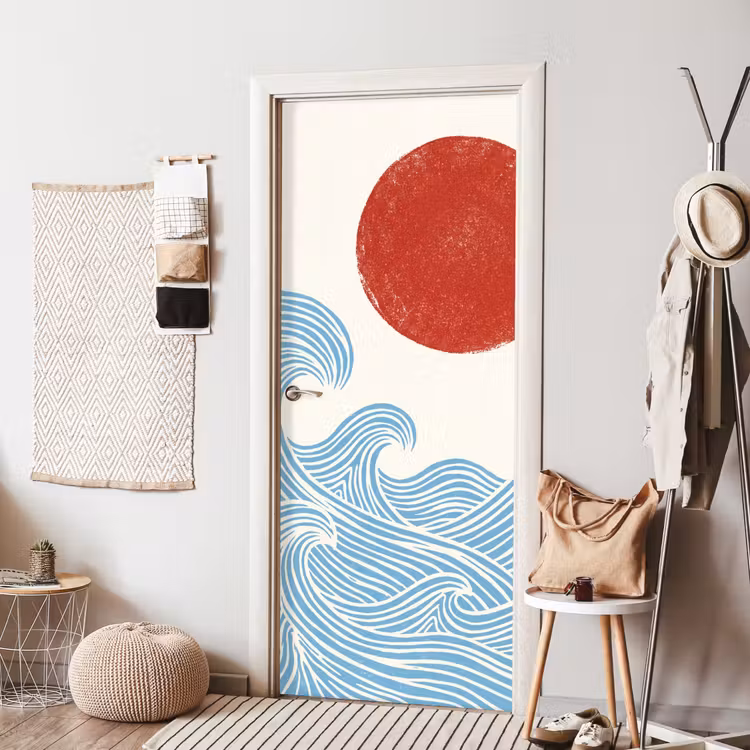Deursticker - Zon - Golven - Oceaan - Abstract - Rood — 8