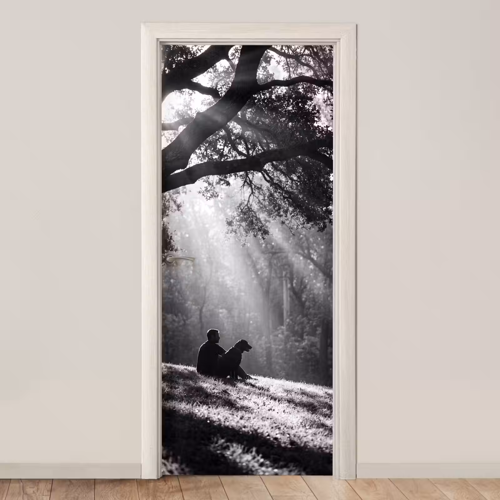Deursticker - Mens - Hond - Natuur - Zwart-wit - Silhouet — 1