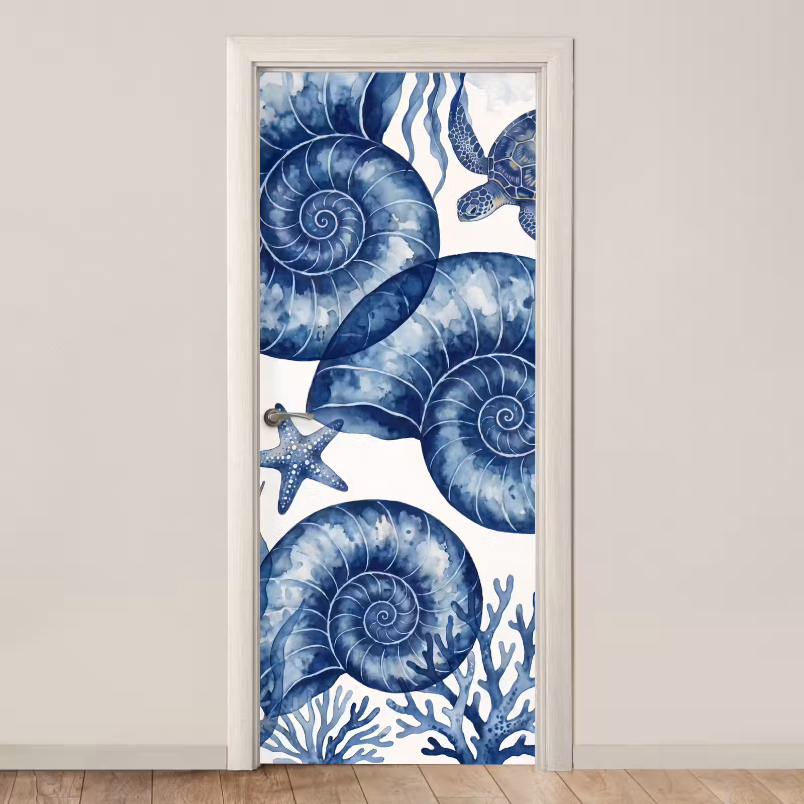 Deursticker - Schelp - Spiraal - Zeeleven - Aquarel - Blauw — 1