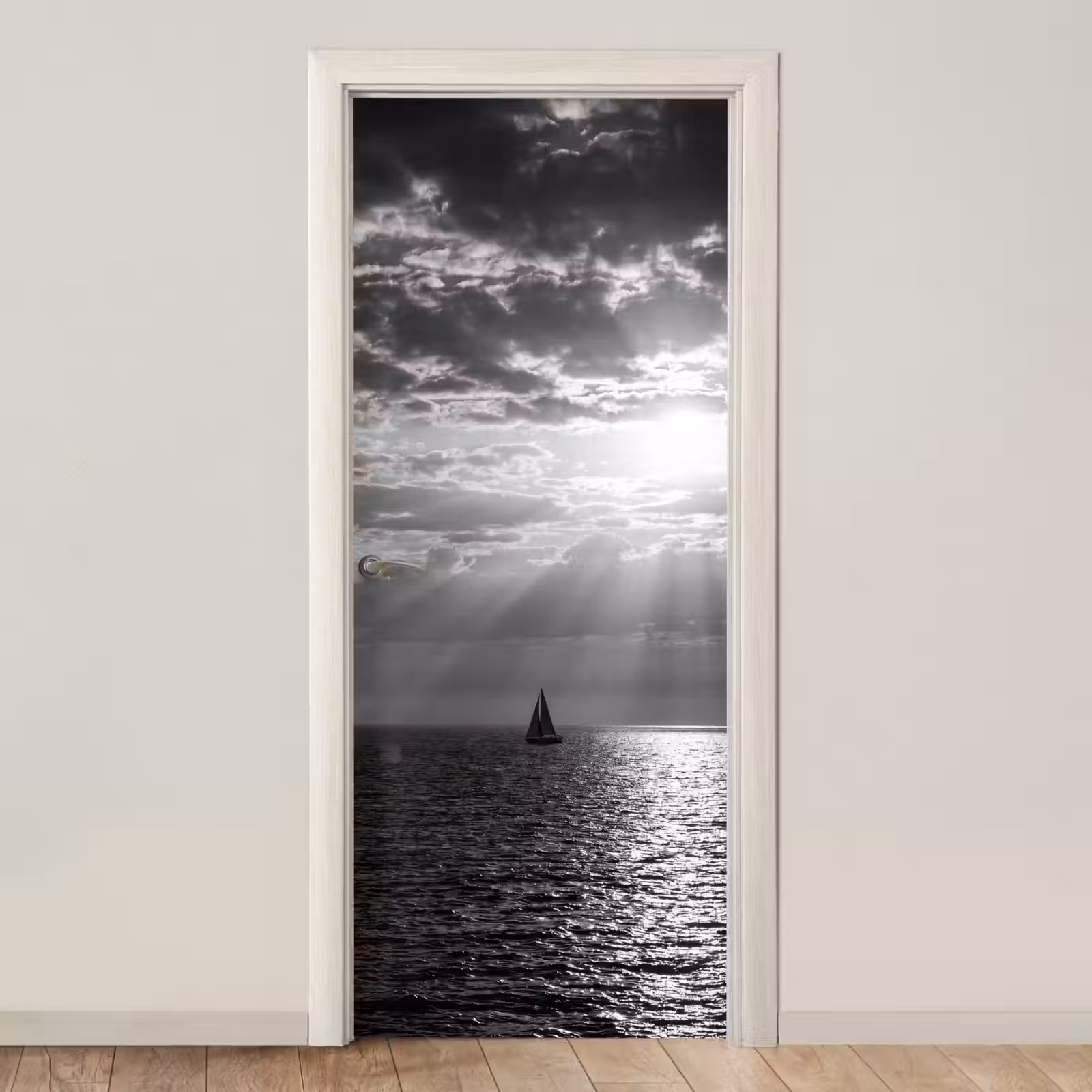Deursticker - Water - Boot - Lucht - Natuur - Zwart-wit — 1