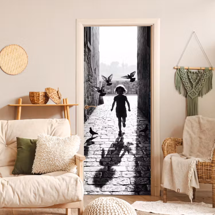 Deursticker - Kind - Vogel - Straat - Zwart-wit - Spelen — 4