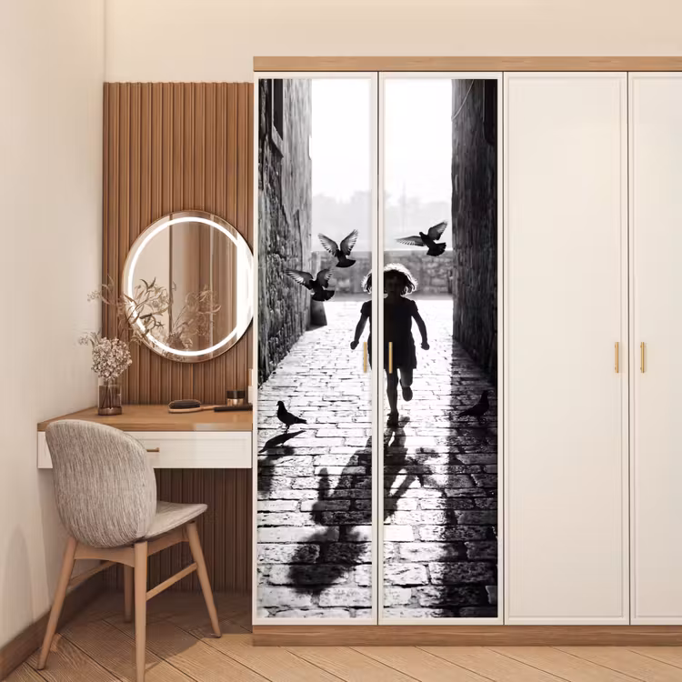 Deursticker - Kind - Vogel - Straat - Zwart-wit - Spelen — 5