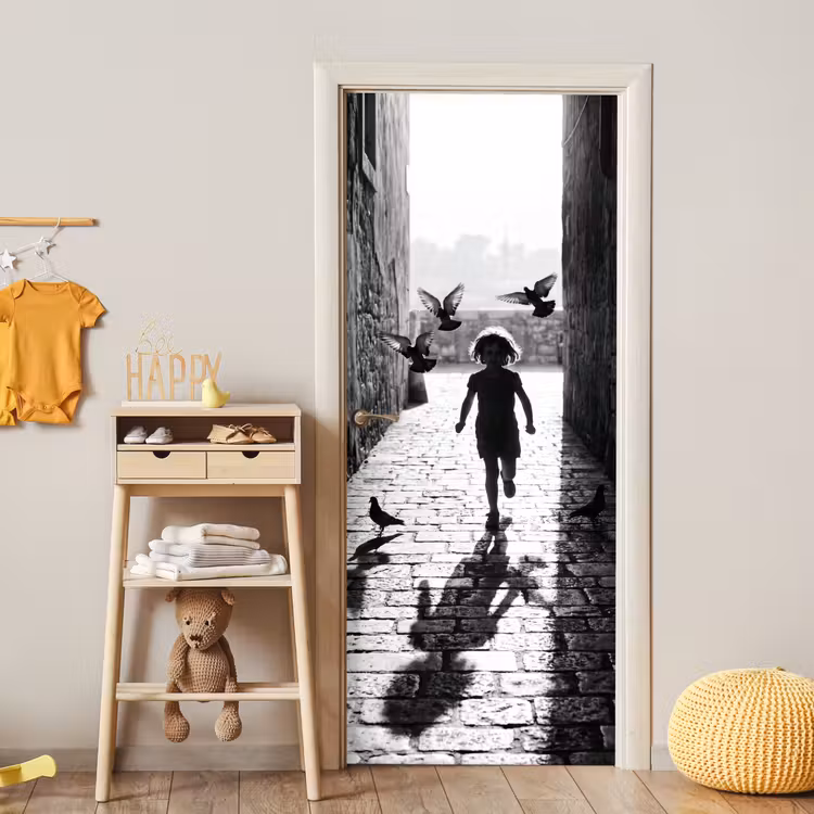Deursticker - Kind - Vogel - Straat - Zwart-wit - Spelen — 6