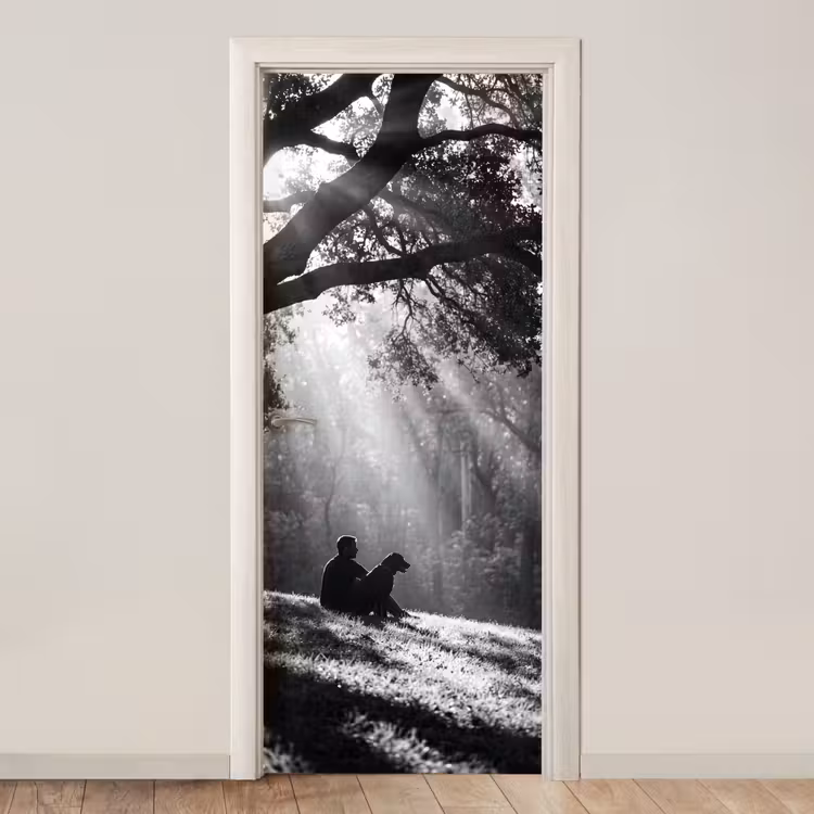 Deursticker - Mens - Hond - Natuur - Zwart-wit - Silhouet — 1