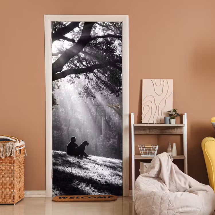 Deursticker - Mens - Hond - Natuur - Zwart-wit - Silhouet — 2