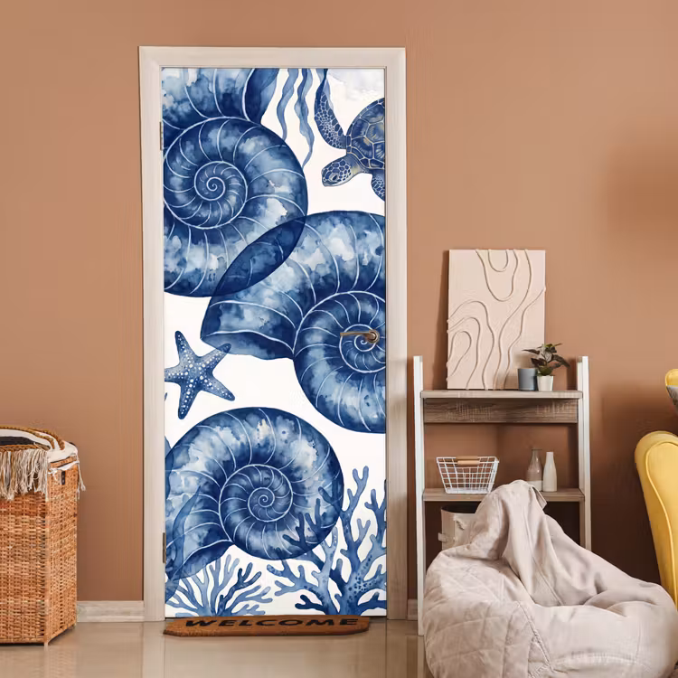 Deursticker - Schelp - Spiraal - Zeeleven - Aquarel - Blauw — 2
